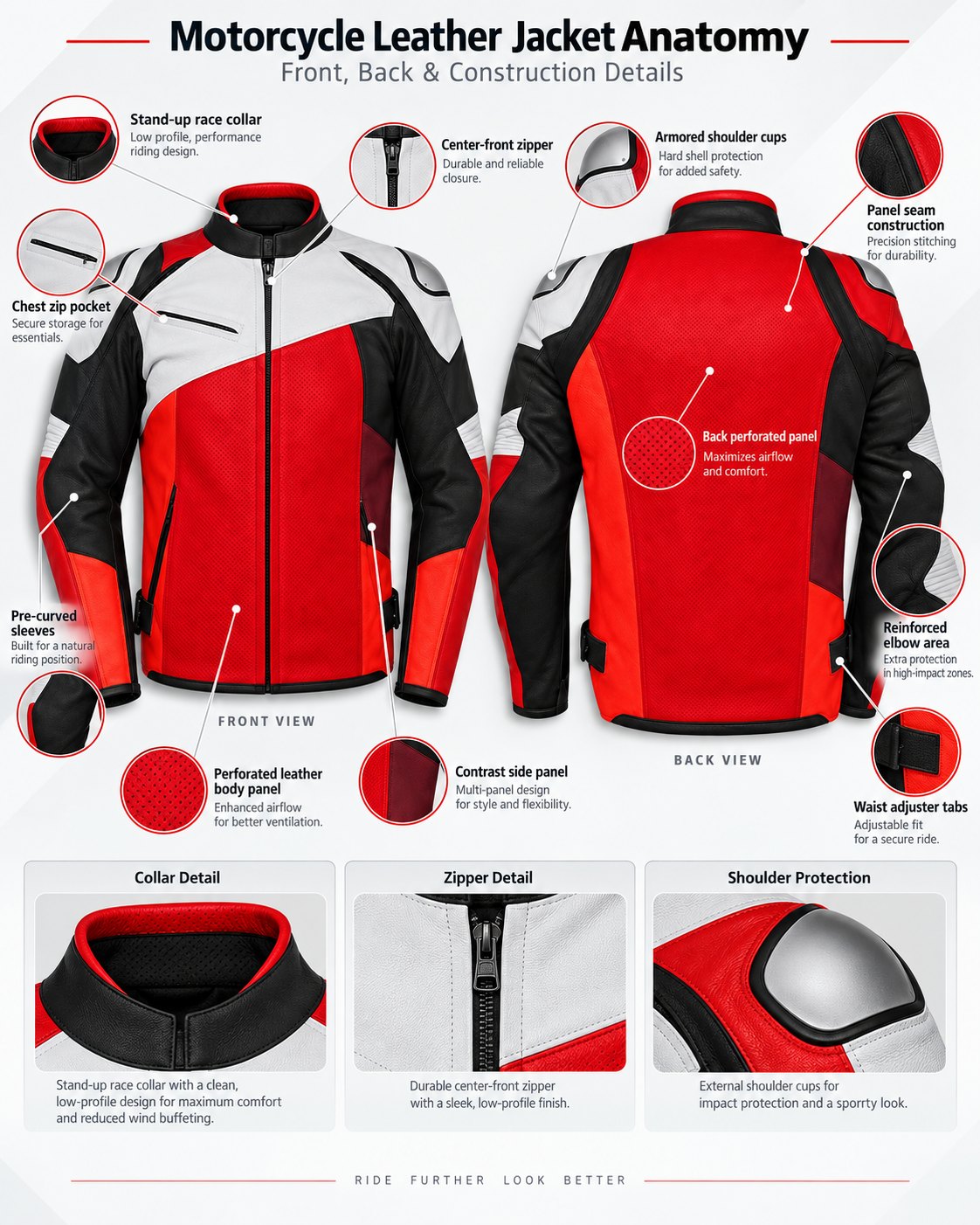 C6 Leather Jacket — Red / Black construction diagram: front and back views with collar, zipper and shoulder detail