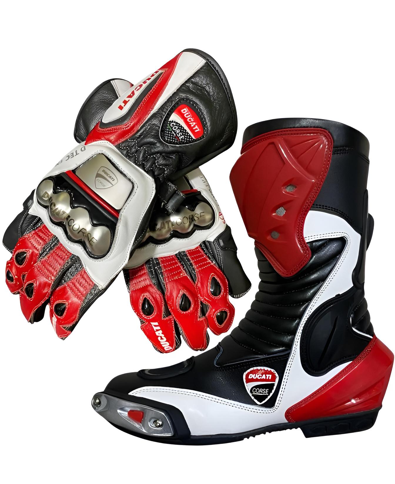 Ducati Corse C6 Racing Boots & Gloves Set — Red / White